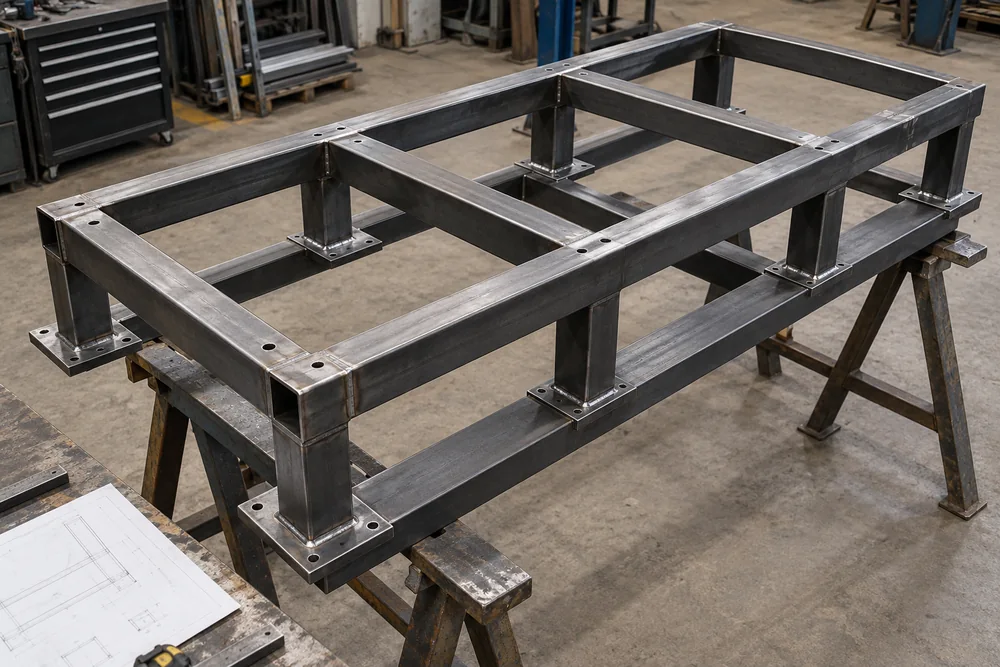 Purpose-made steel support frame with bolted base plates