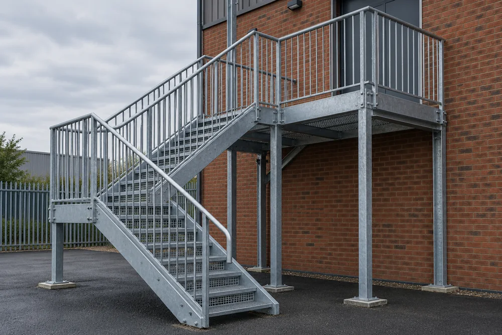 Galvanised steel access staircase outside a brick industrial building
