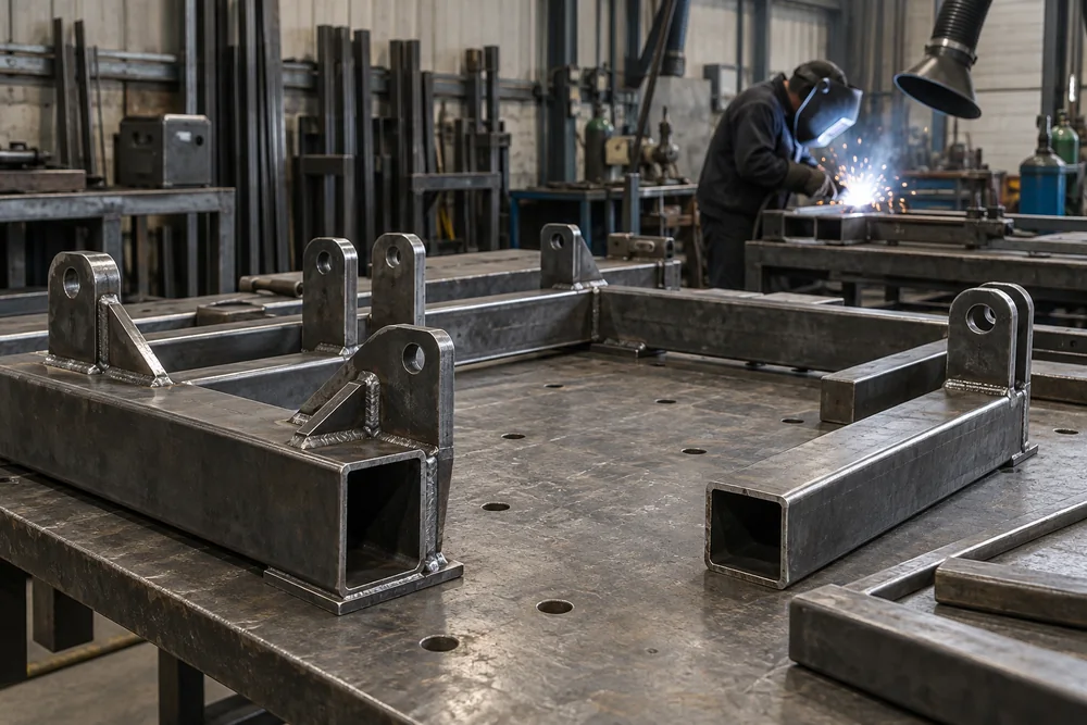 Welded steel brackets and hollow section frames on a fabrication bench