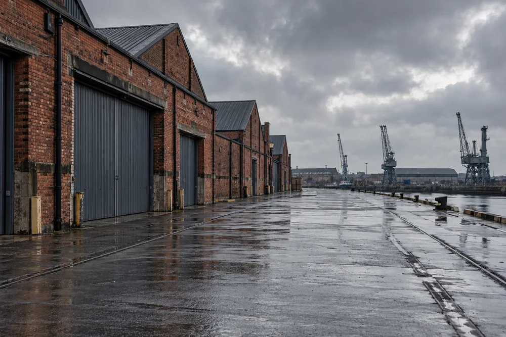 Brick warehouses and commercial buildings in a Merseyside dockside setting