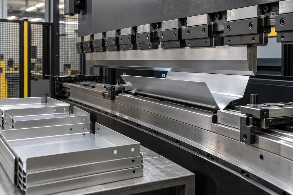 Folded sheet metal components beside a guarded press brake